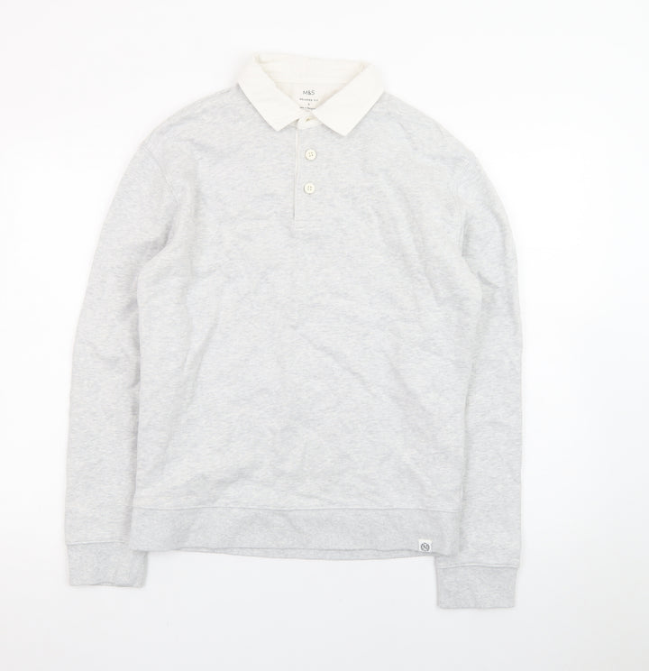 Marks and Spencer Men's Grey Long Sleeve Cotton Polo Shirt Size S