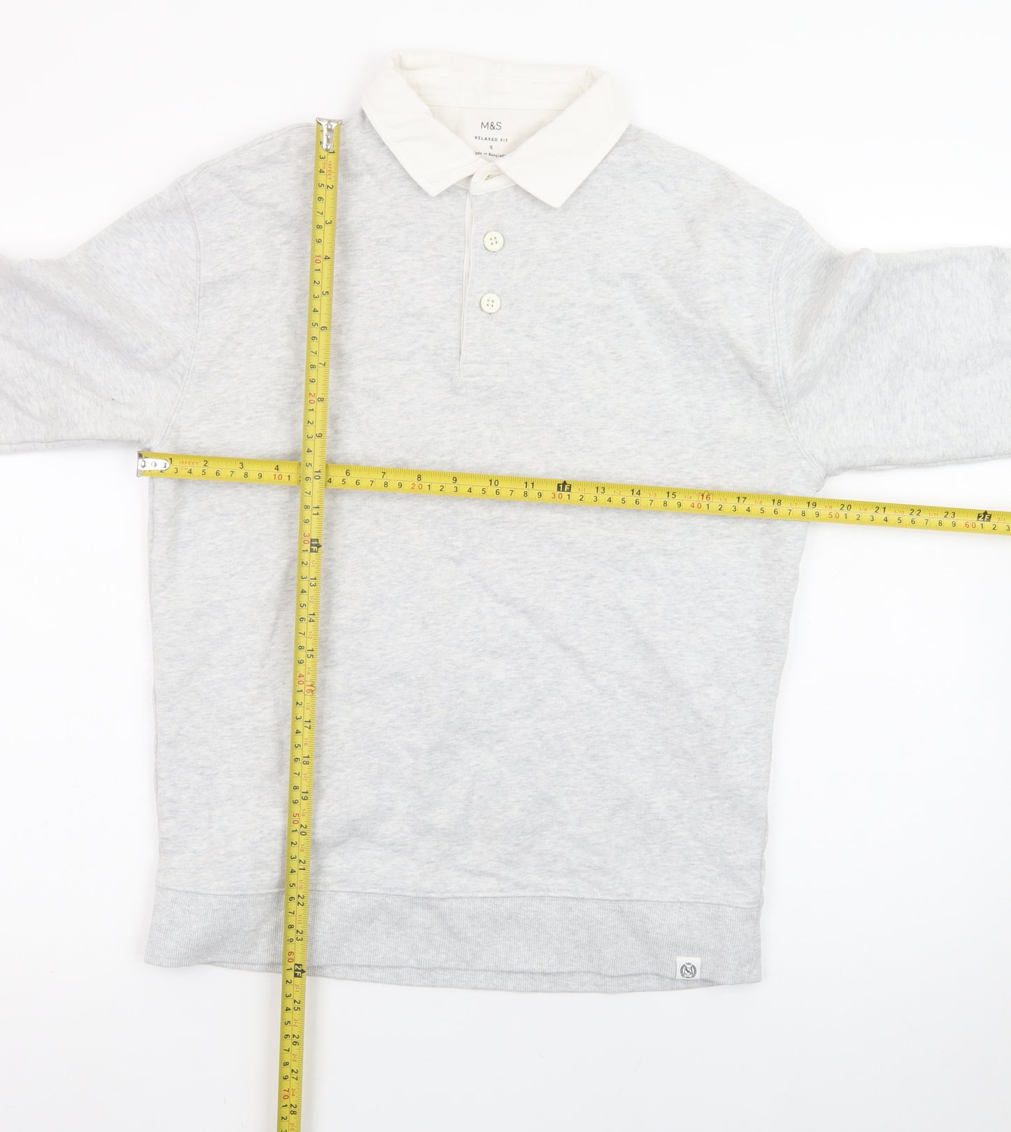 Marks and Spencer Men's Grey Long Sleeve Cotton Polo Shirt Size S