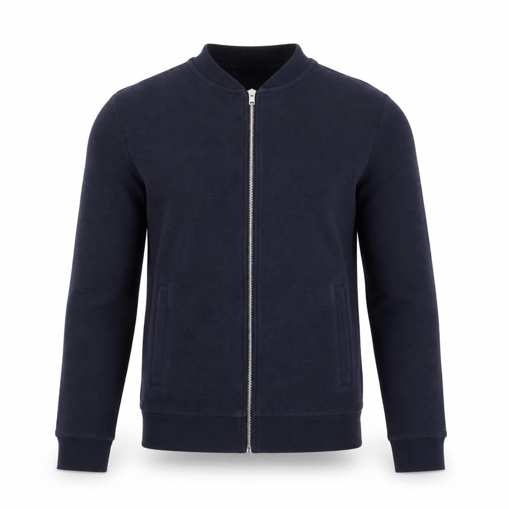 Front view of H&M Men’s Blue Slim Fit Bomber Jacket, size L, Cotton Blend