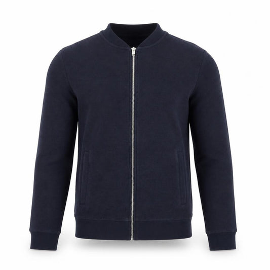 Front view of H&M Men’s Blue Slim Fit Bomber Jacket, size L, Cotton Blend