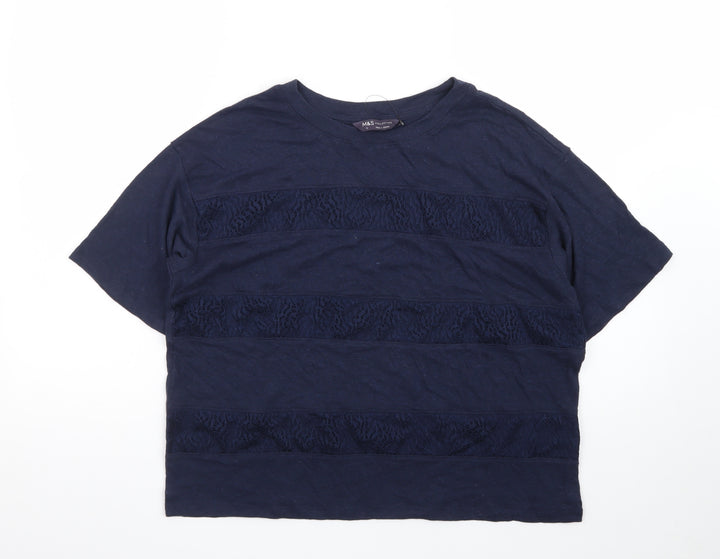 Marks and Spencer Women's Navy Lace Panel Cotton T-Shirt Size 12