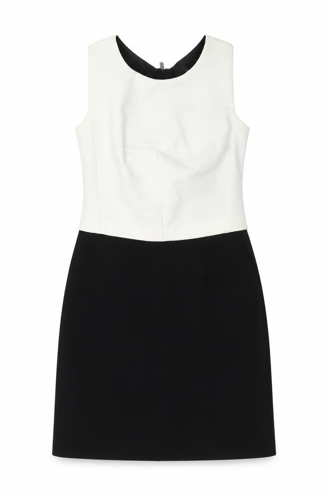 Front view of Next Women Black White Sheath Dress, size 6, Sleeveless Zip Back