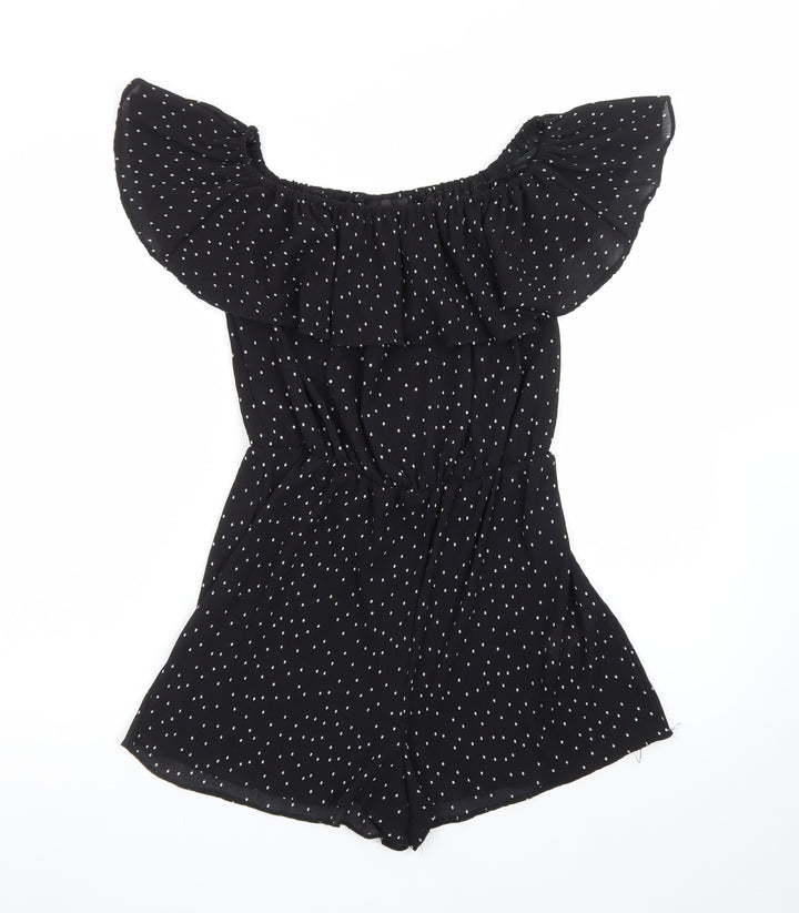 Topshop Women’s Black Polka Dot Off Shoulder Ruffle Playsuit Size 10