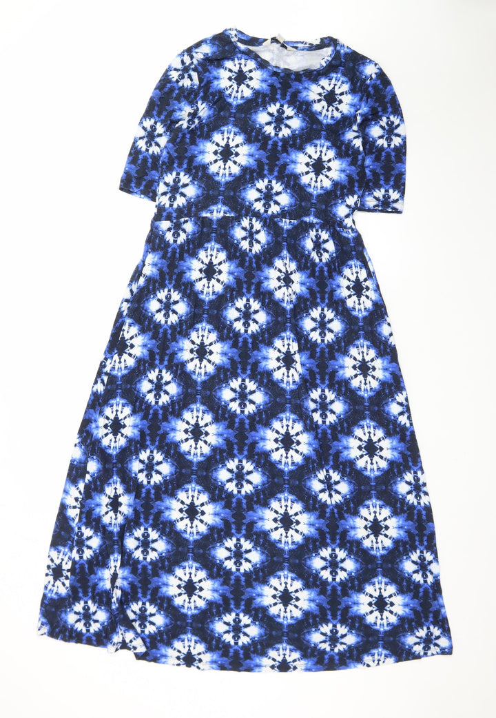 Marks and Spencer Womens Blue Tie Dye Midi A-Line Dress Size 10