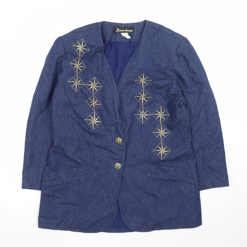 Lucien Daumois Women Blue Cotton Embroidered Blazer Size 14