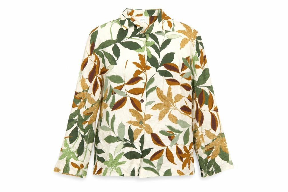 Front view of John Lewis Women’s Multicoloured Leaf Print Cotton Button-Up Shirt, size UK 10