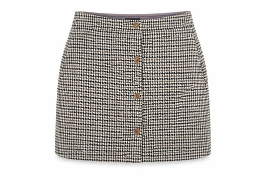 Front view of A.P.C. Women's Brown Wool A-Line Houndstooth Short Skirt, size 12