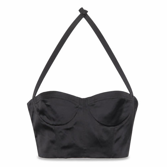 Front view of Zara women’s black satin halter camisole crop top, size UK 12