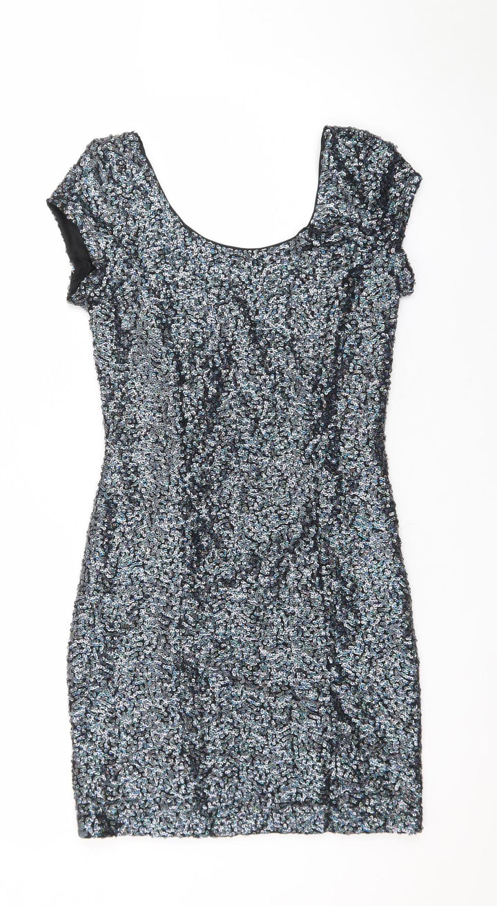 H&M Divided Women’s Silver Sequin Bodycon Short Sleeve Dress Size 10