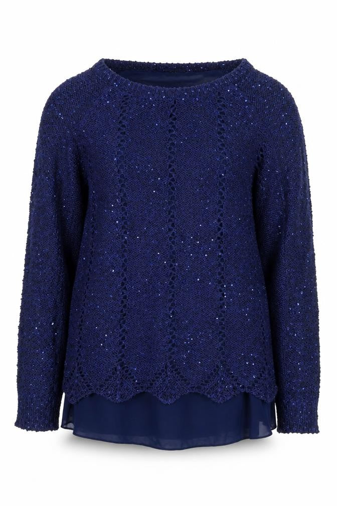 Front view of Quiz Women's Navy Blue Sequin Knit Long Sleeve Jumper, size 16