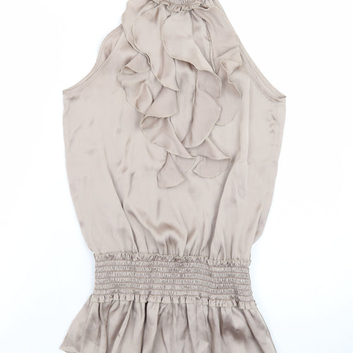 River Island Women’s Beige Satin Sleeveless Ruffle Slip Dress Size 6