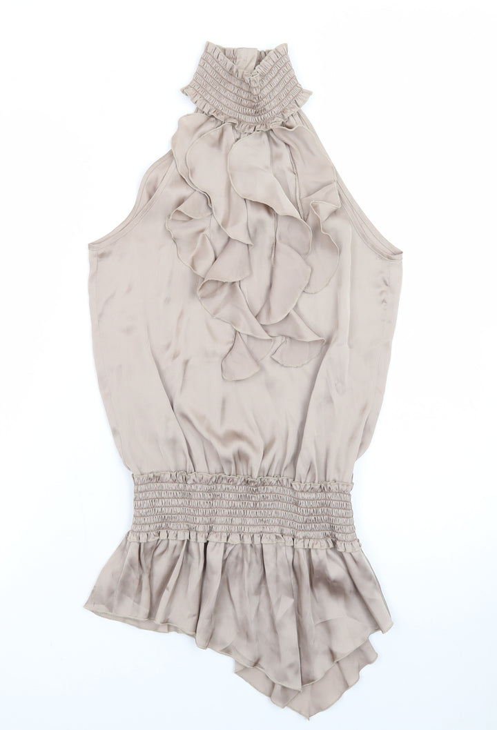 River Island Women’s Beige Satin Sleeveless Ruffle Slip Dress Size 6