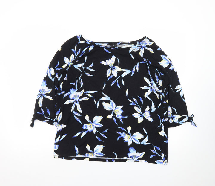 M&Co Womens Black Floral 3/4 Sleeve Tunic Blouse Size 14