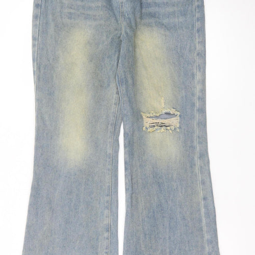 PrettyLittleThing Womens Blue Wide-Leg Distressed Jeans UK 10