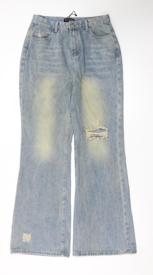 PrettyLittleThing Womens Blue Wide-Leg Distressed Jeans UK 10