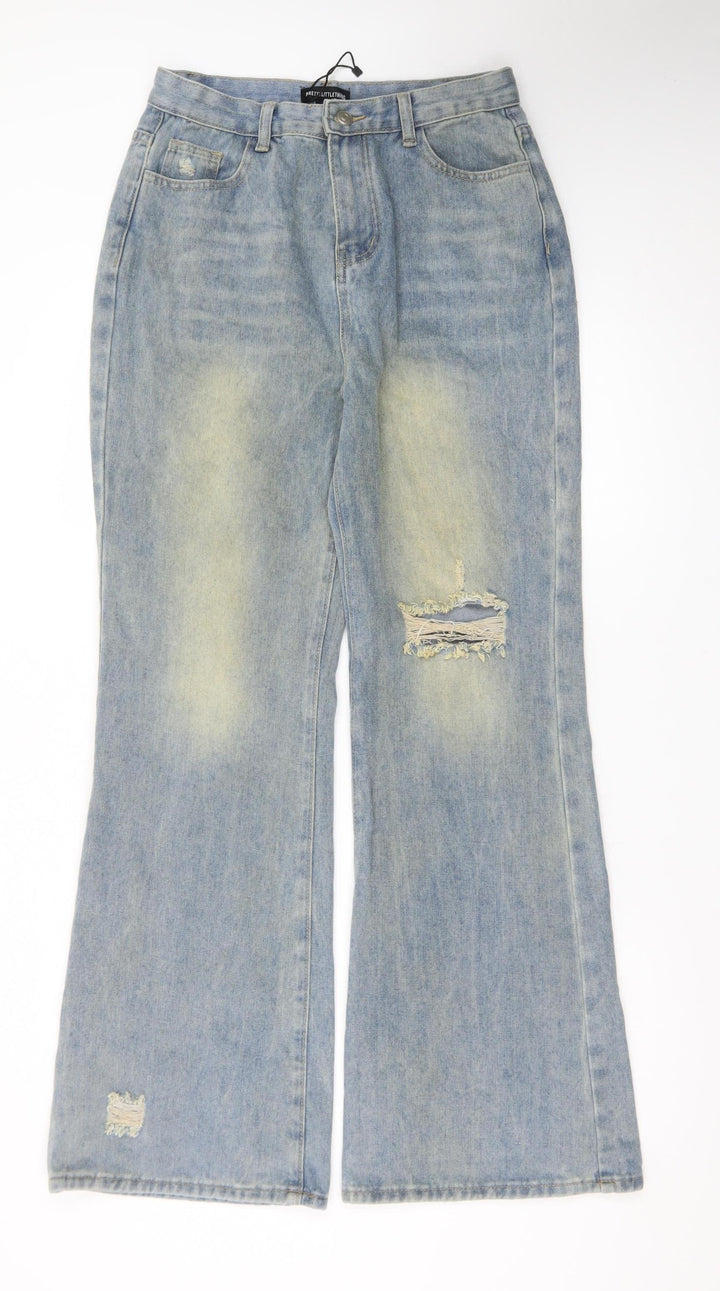 PrettyLittleThing Womens Blue Wide-Leg Distressed Jeans UK 10
