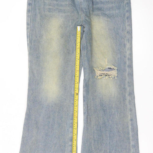 PrettyLittleThing Womens Blue Wide-Leg Distressed Jeans UK 10