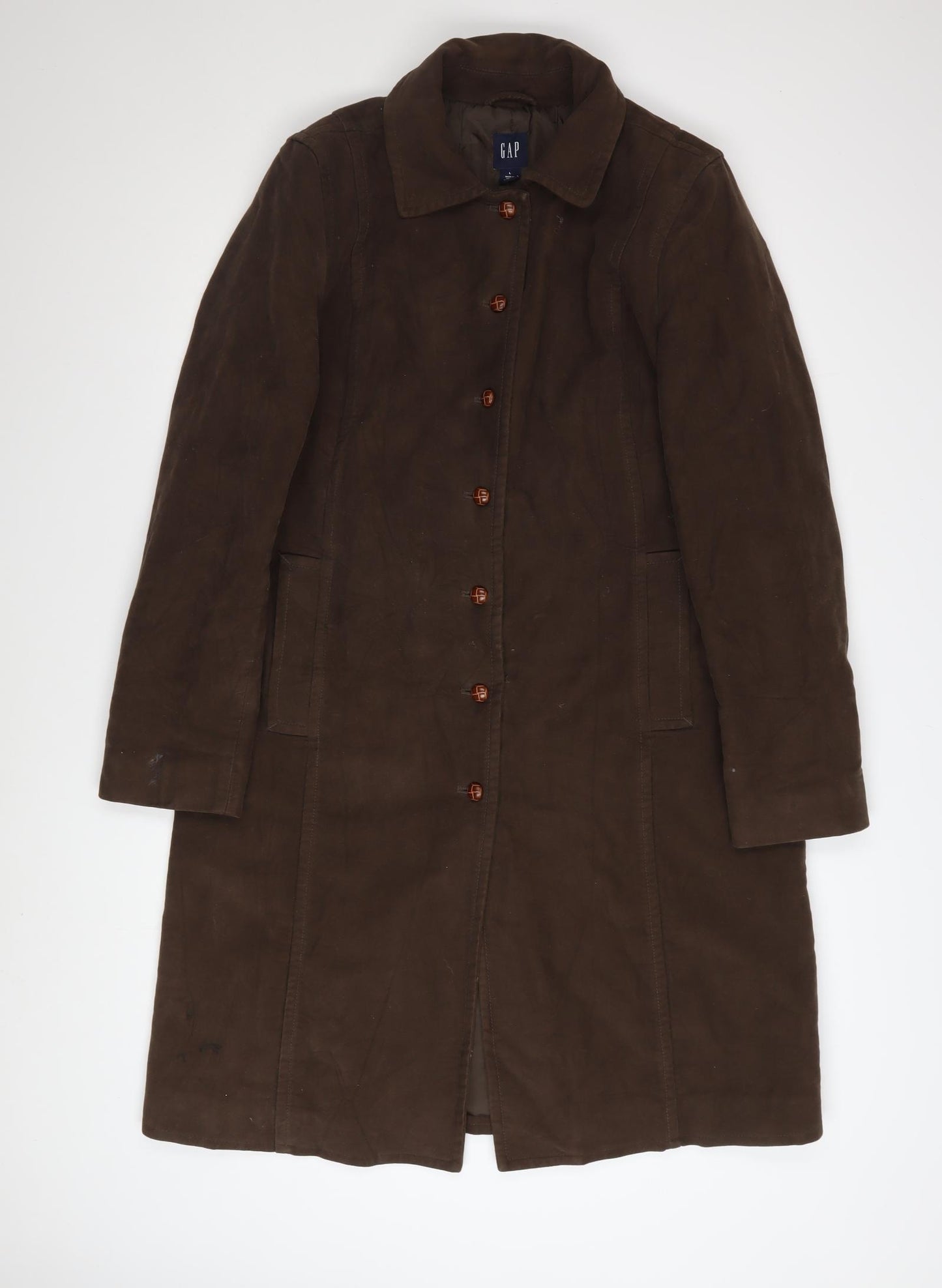 GAP Men's Brown Cotton Long Overcoat Size L Classic Buttoned Style