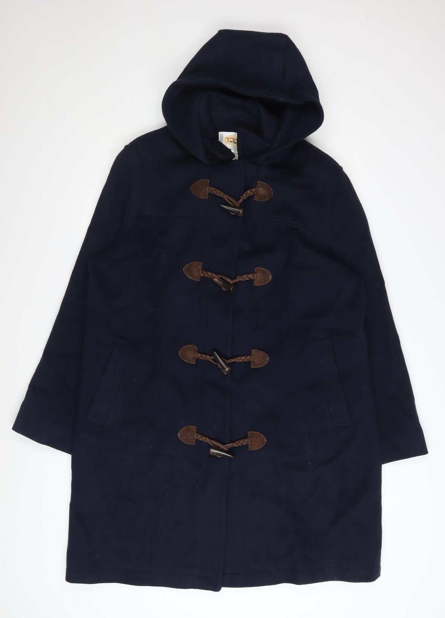 Talbots Women's Navy Blue Wool Duffle Coat Size 12 Hooded Toggle Mid-Length