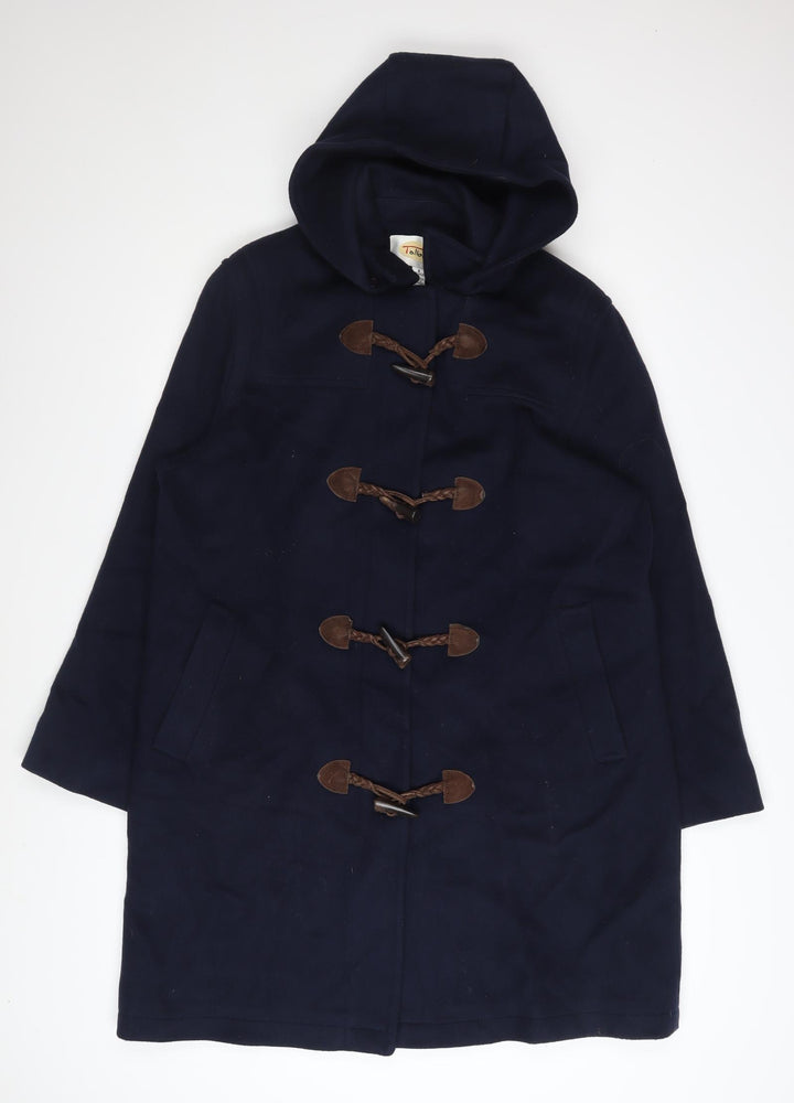 Talbots Women's Navy Blue Wool Duffle Coat Size 12 Hooded Toggle Mid-Length