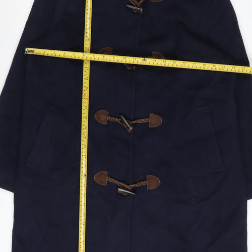 Talbots Women's Navy Blue Wool Duffle Coat Size 12 Hooded Toggle Mid-Length