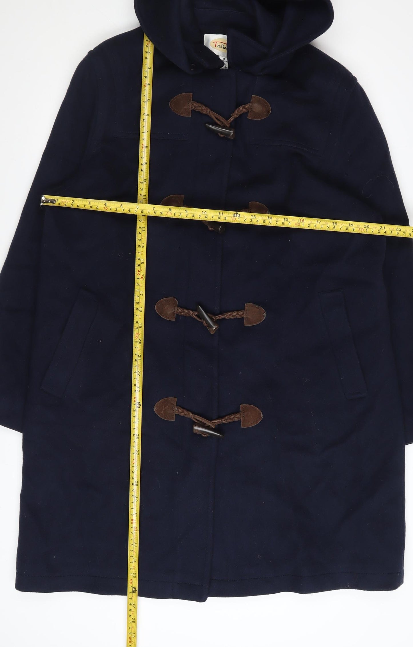 Talbots Women's Navy Blue Wool Duffle Coat Size 12 Hooded Toggle Mid-Length