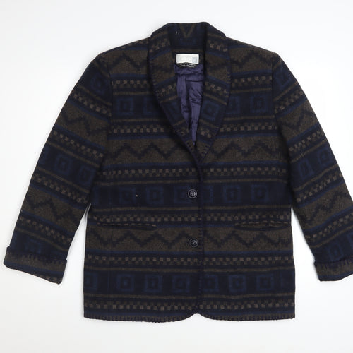 Cleo Petites Women's Navy Brown Wool Blend Aztec Blazer Size 10