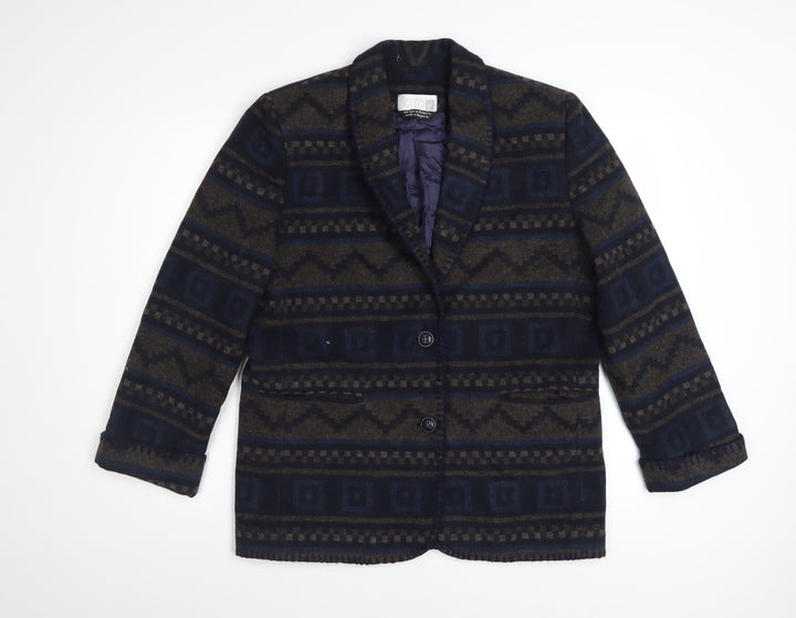 Cleo Petites Women's Navy Brown Wool Blend Aztec Blazer Size 10