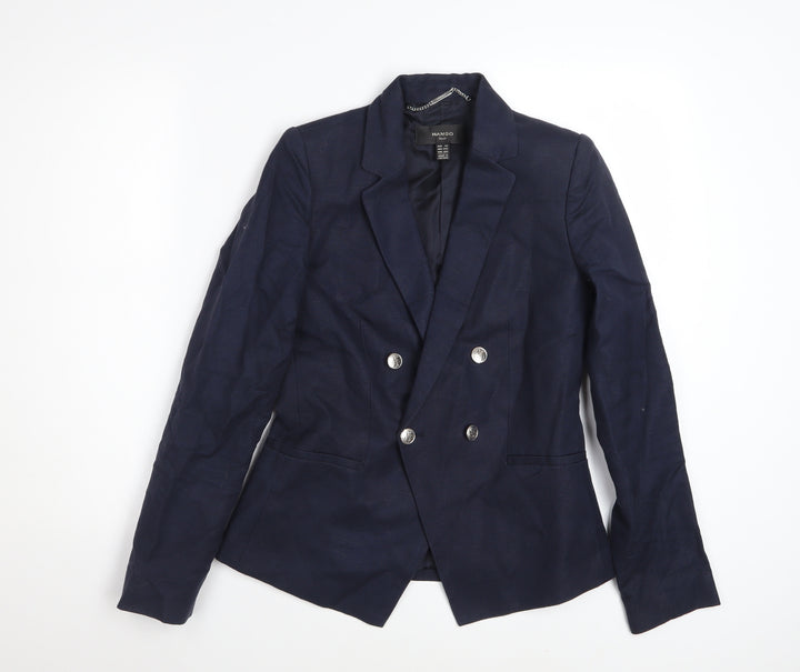 Mango Women Blue Double Breasted Cotton Linen Blazer XS