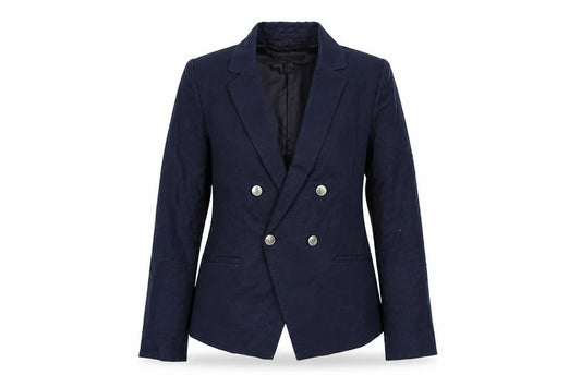 Front view of Mango Women Blue Double Breasted Cotton Linen Blazer XS