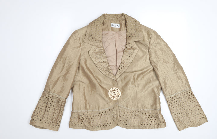 Sonia K. Women Beige Blazer Jacket Size 12 Lace Detail Silk Blend
