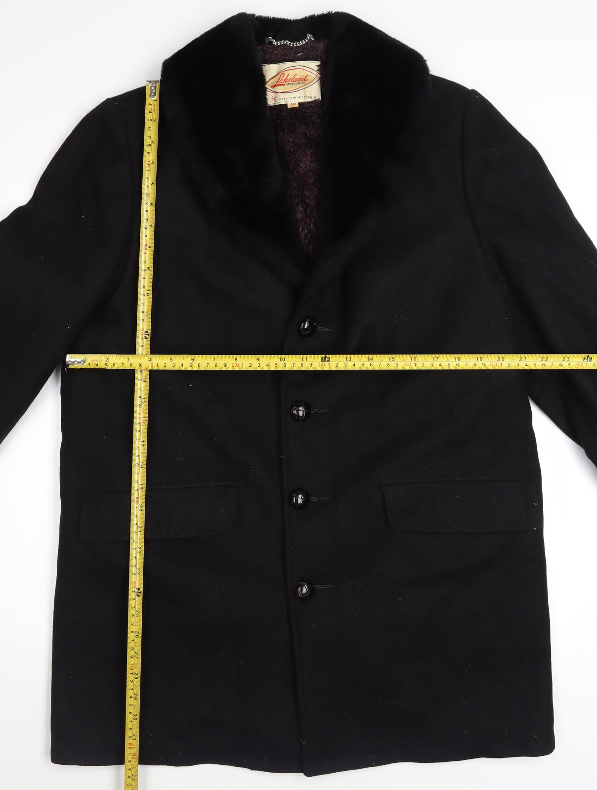 Lakeland Mens Black Wool Overcoat Size 40 Regular Fur Collar Winter Coat