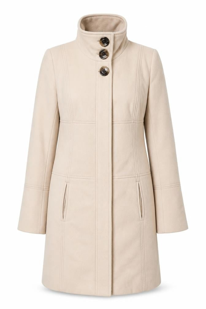Front view of Next women’s beige wool blend long overcoat, size UK 14, classic