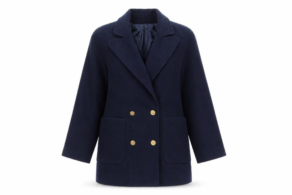 Front view of JH Collectibles Women's Blue Wool Pea Coat, size 12, Classic Style