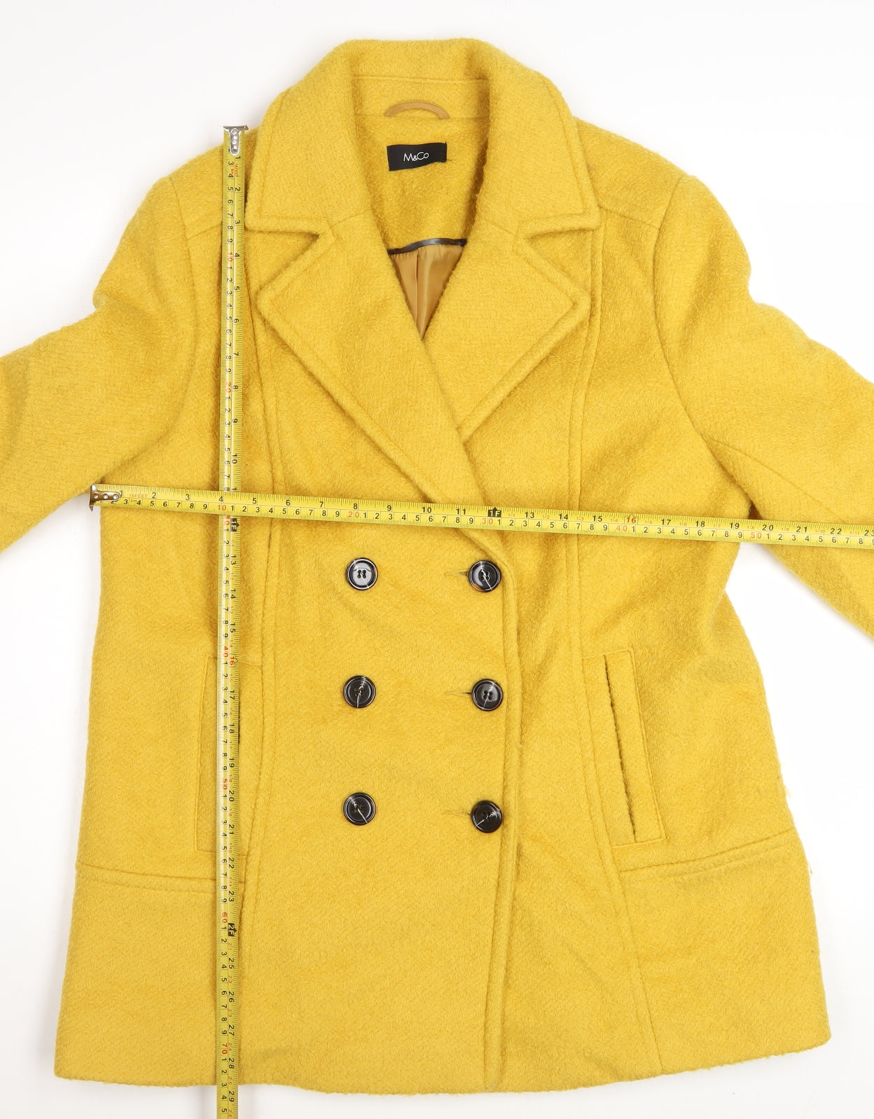 M&Co Women Yellow Wool Blend Pea Coat Size 14 Button Mid-Length