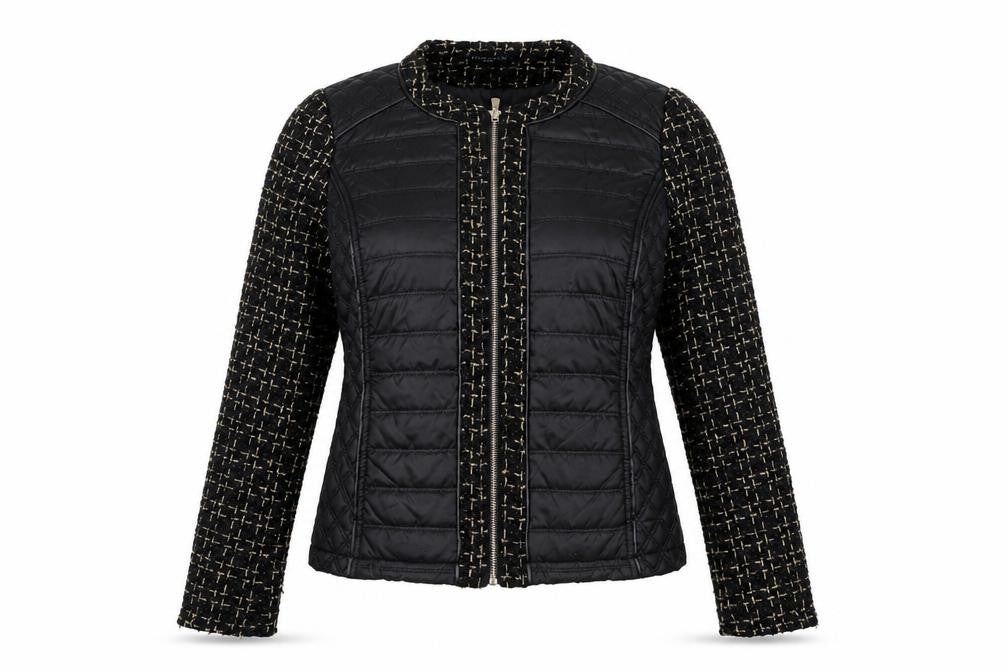 Front view of Escardelle Women’s Black Quilted Tweed Jacket, size M