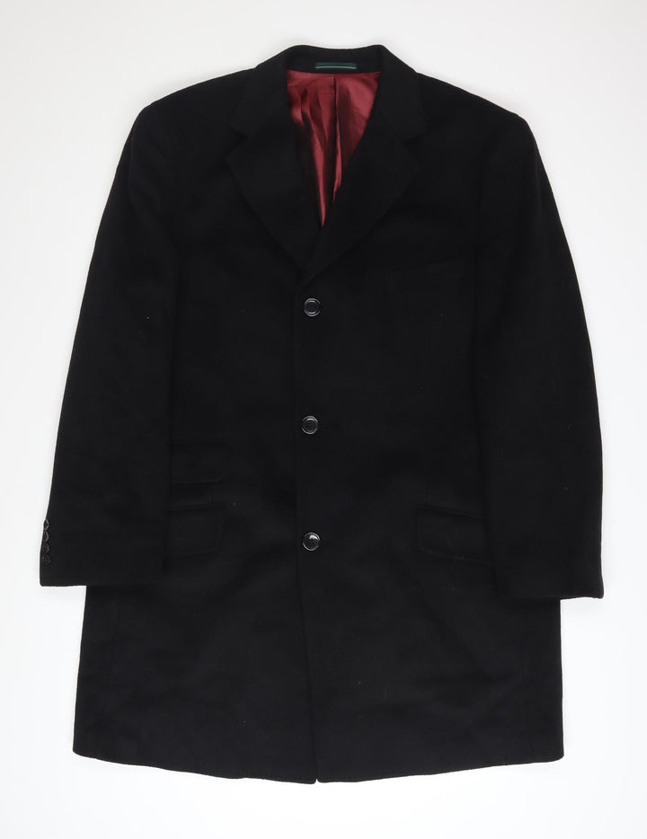 Greenwoods Mens Black Wool Cashmere Overcoat 44R Single Breasted