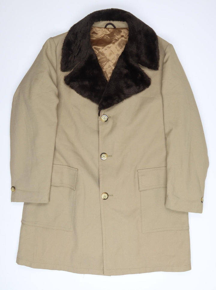 Sears Men’s Beige Long Overcoat 42 Reg Faux Fur Collar Vintage Winter Coat
