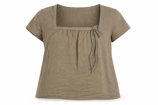 Front view of Fenn Wright Manson Women's Brown Short Sleeve Square Neck Tunic Blouse, size 16