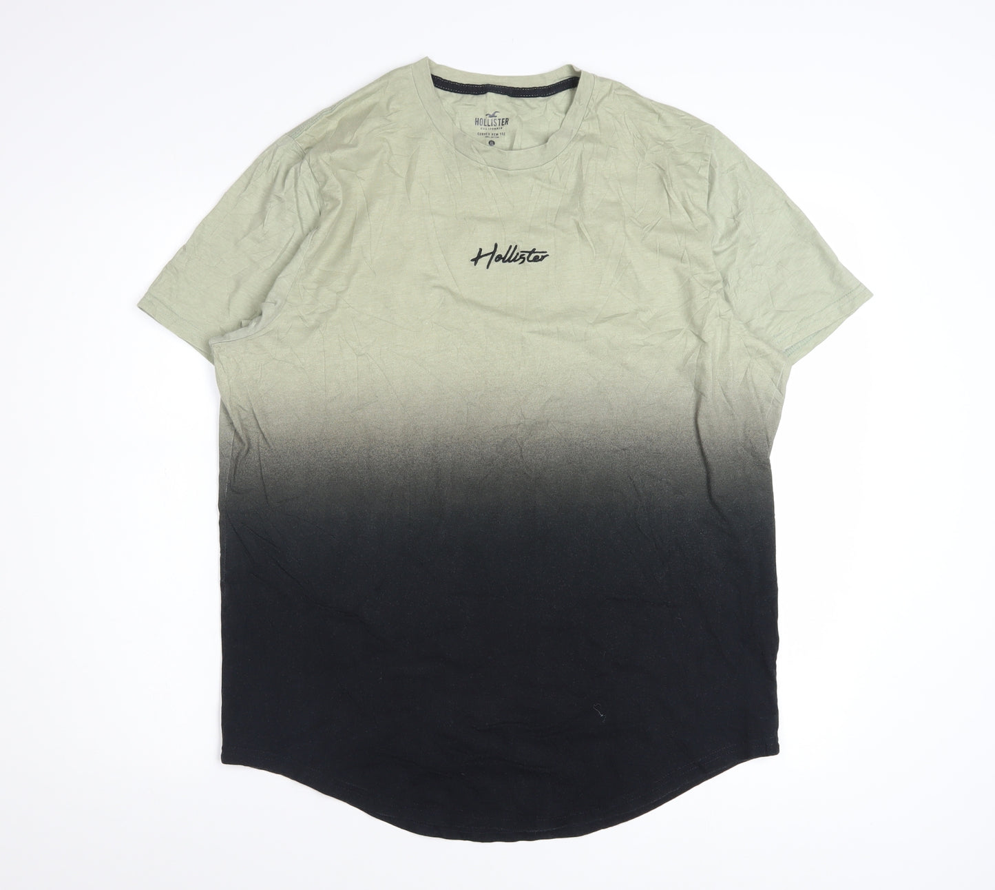 Hollister Men's Green Black Ombre Curved Hem T-Shirt XL Cotton