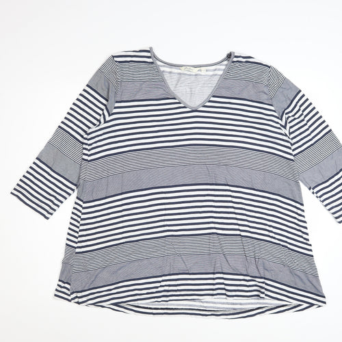 Adini Women's Blue Striped V-Neck 3/4 Sleeve Jersey Top L