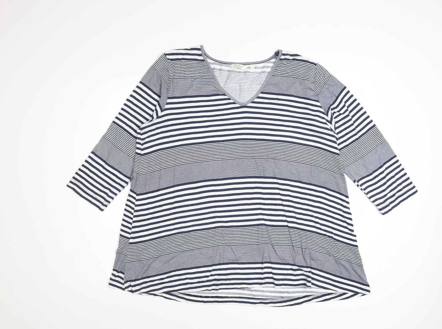 Adini Women's Blue Striped V-Neck 3/4 Sleeve Jersey Top L