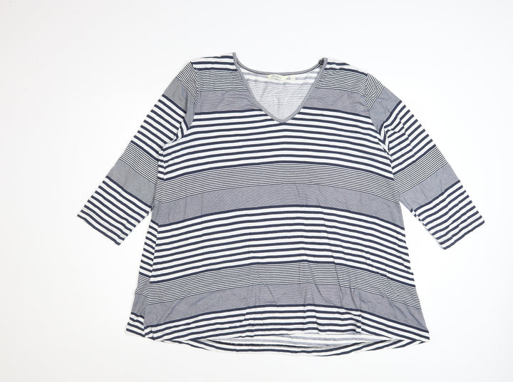 Adini Women's Blue Striped V-Neck 3/4 Sleeve Jersey Top L