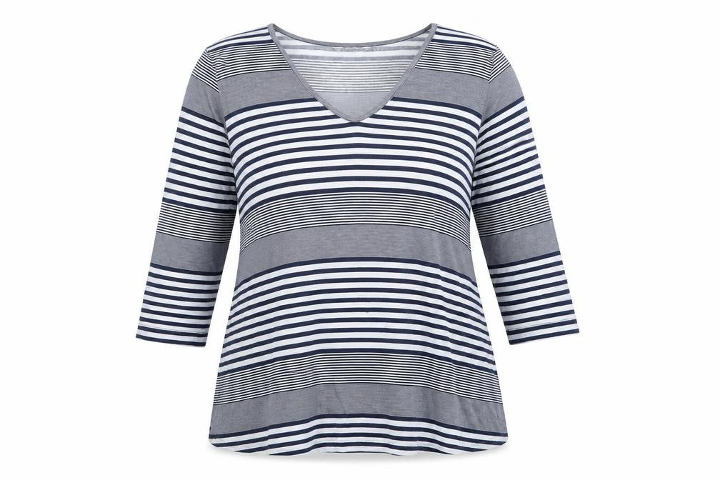 Front view of Adini Women's Blue Striped V-Neck 3/4 Sleeve Jersey Top L