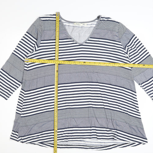 Adini Women's Blue Striped V-Neck 3/4 Sleeve Jersey Top L