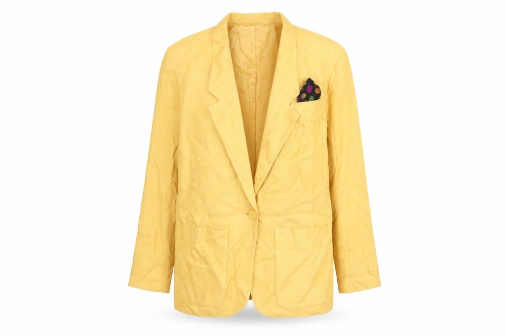 Front view of VZF Women's Yellow Linen Blend Long Blazer Jacket, size 8