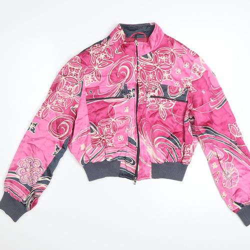 Apriori Women's Pink Floral Bomber Jacket Size 14 Satin Zip-Up