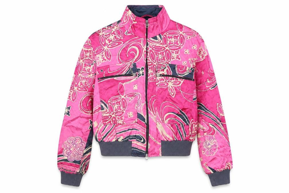 Front view of Apriori Women's Pink Floral Bomber Jacket, size 14, Satin Zip-Up