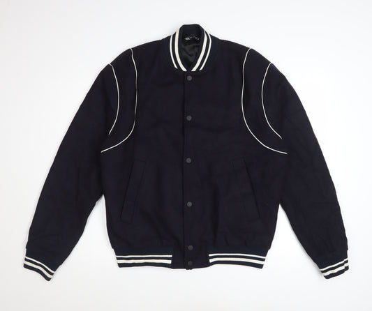 Zara Men's Blue Wool Varsity Jacket Size L Short Retro Style