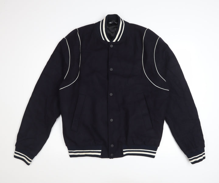 Zara Men's Blue Wool Varsity Jacket Size L Short Retro Style